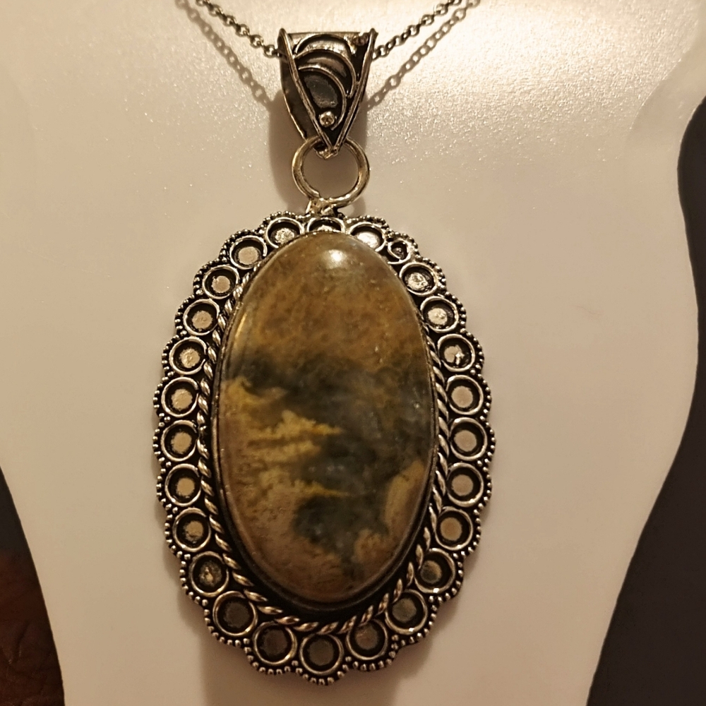 925 Sterling Silver Plated Jasper Stone Bohemian Bali Pendant